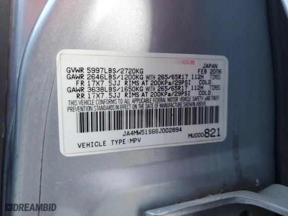 2006 Mitsubishi Montero LTD with VIN JA4MW51S66J002894, listed as a Copart auction lot 84542064 with 0 miles and Salvage Title. Bid and sale history available at carsss.com. Image 14.