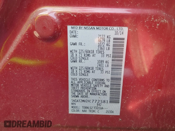 2015 Nissan Rogue SV with VIN 5N1AT2MV2FC772581, listed as a IAAI auction lot 40523006 with Not Provided miles. Bid and sale history available at carsss.com. Image 9.
