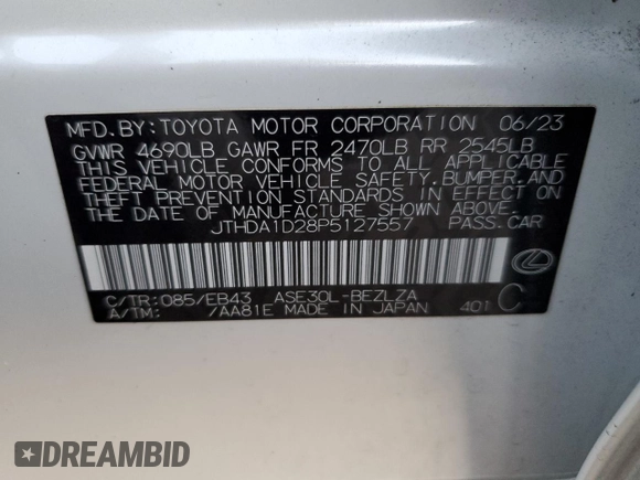 2023 Lexus IS 300 with VIN JTHDA1D28P5127557, listed as a Copart auction lot 88539325 with Not provided miles and Salvage title. Bid and sale history available at DreamBid. Image 13.