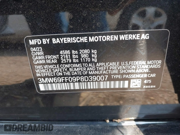 2023 BMW 3 Series 330i with VIN 3MW69FF09P8D39007, listed as a IAAI auction lot 42071643 with 24,781 mi miles and . Bid and sale history available at DreamBid. Image 9.