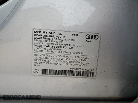 2018 Audi Q3 Premium with VIN WA1BCCFS5JR031889, listed as a Copart auction lot 70901182 with 83,777 mi miles. Bid and sale history available at carsss.com. Image 12.