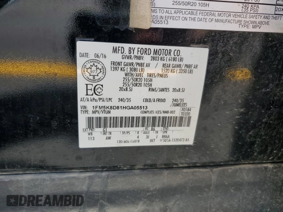 2017 Ford Explorer XLT with VIN 1FM5K8D81HGA05513, listed as a Copart auction lot 62492985 with 121,729 mi miles and Salvage title. Bid and sale history available at DreamBid. Image 13.