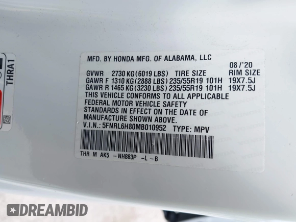 2021 Honda Odyssey Touring with VIN 5FNRL6H80MB010952, listed as a IAAI auction lot 42080412 with 90,594 mi miles and . Bid and sale history available at DreamBid. Image 9.