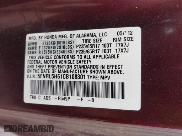 2012 Honda Odyssey EX-L with VIN 5FNRL5H61CB108301, listed as a IAAI auction lot 41939536 with 225,476 mi miles and . Bid and sale history available at DreamBid. Image 9.