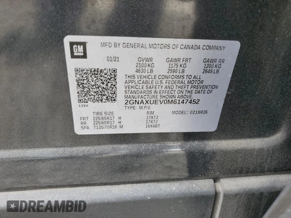 2021 Chevrolet Equinox LT with VIN 2GNAXUEV0M6147452, listed as a Copart auction lot 48420745 with 117,638 mi miles and Salvage Title. Bid and sale history available at DreamBid. Image 13.
