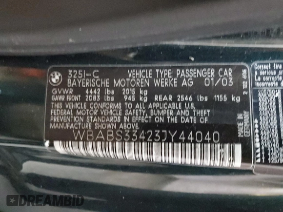 2003 BMW 3 Series 325Ci with VIN WBABS33423JY44040, listed as a Copart auction lot 88942165 with 162,105 mi miles and Salvage Title. Bid and sale history available at carsss.com. Image 13.