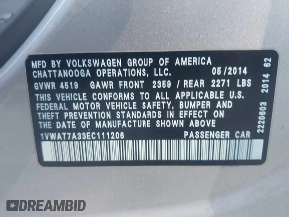 2014 Volkswagen Passat S with VIN 1VWAT7A33EC111206, listed as a IAAI auction lot 42684770 with 95,779 mi miles and . Bid and sale history available at DreamBid. Image 9.