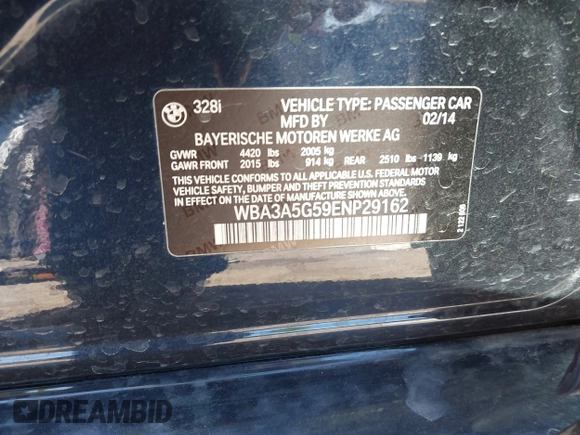 2014 BMW 3 Series 328i with VIN WBA3A5G59ENP29162, listed as a IAAI auction lot 41489678 with 85,215 mi miles. Bid and sale history available at carsss.com. Image 9.