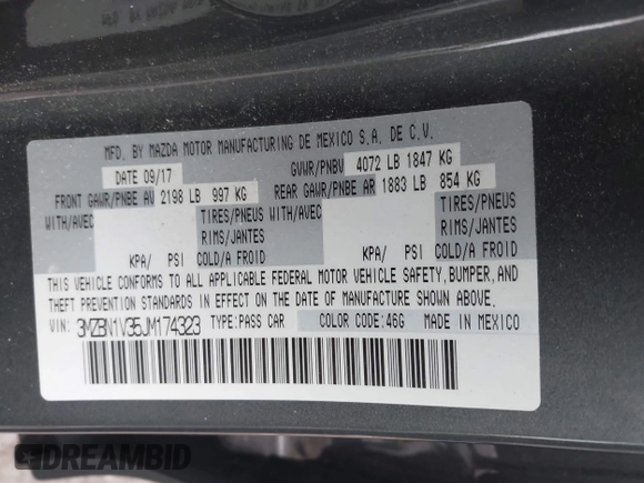 2018 Mazda 3 Touring with VIN 3MZBN1V35JM174323, listed as a IAAI auction lot 41412732 with 80,008 mi miles. Bid and sale history available at carsss.com. Image 9.