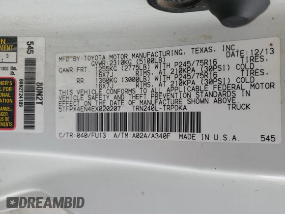 2014 Toyota Tacoma with VIN 5TFPX4EN4EX020207, listed as a Copart auction lot 58547595 with 260,381 mi miles and Salvage title. Bid and sale history available at DreamBid. Image 12.