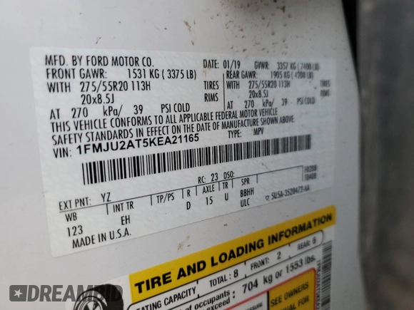 2019 Ford Expedition Limited with VIN 1FMJU2AT5KEA21165, listed as a Copart auction lot 59601525 with 119,482 mi miles and Salvage title. Bid and sale history available at DreamBid. Image 13.