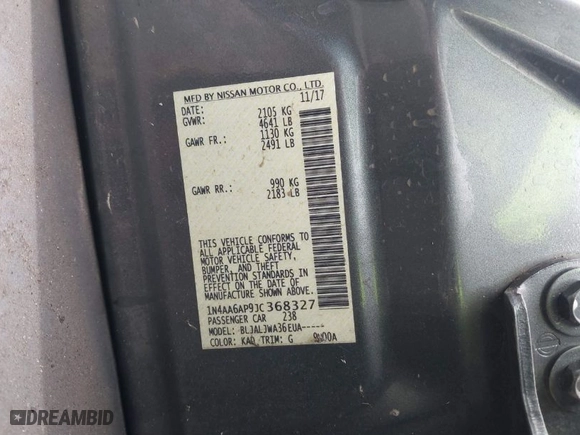 2018 Nissan Maxima S with VIN 1N4AA6AP9JC368327, listed as a IAAI auction lot 41767895 with NaN miles. Bid and sale history available at carsss.com. Image 9.