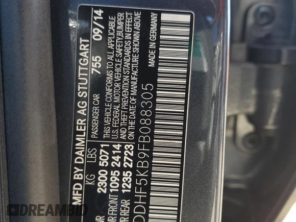 2015 Mercedes-Benz E 350 Sport with VIN WDDHF5KB9FB088305, listed as a Copart auction lot 54849945 with 124,315 mi miles and Salvage title. Bid and sale history available at DreamBid. Image 13.