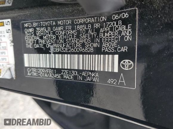 2006 Toyota Corolla CE with VIN JTDBR32E260096828, listed as a Copart auction lot 54001655 with 207,003 mi miles and Salvage Title. Bid and sale history available at DreamBid. Image 12.
