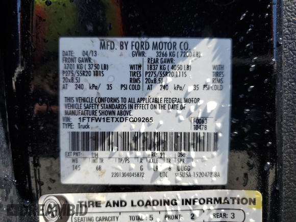 2013 Ford F-150 XL with VIN 1FTFW1ETXDFC09265, listed as a Copart auction lot 48344915 with 163,261 mi miles and Salvage Title. Bid and sale history available at DreamBid. Image 13.