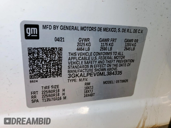 2021 GMC Terrain SLT z VIN 3GKALPEV0ML384335, wystawiony jako Copart lot #56004725 z przebiegiem 33 771 mil mil oraz Szkoda całkowita • Salvage title. Historia ofert i sprzedaży dostępna na DreamBid. Obrazek 13.