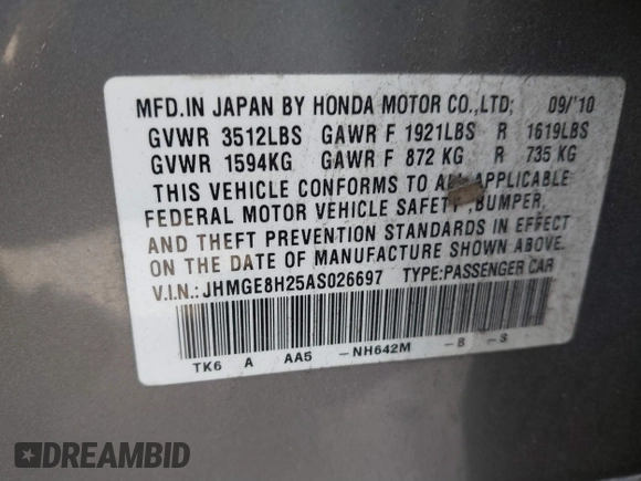 2010 Honda Fit with VIN JHMGE8H25AS026697, listed as a IAAI auction lot 41775689 with 92,805 mi miles. Bid and sale history available at carsss.com. Image 9.