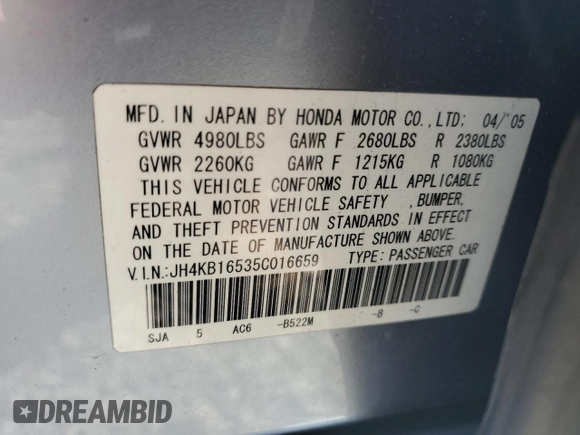 2005 Acura RL z VIN JH4KB16535C016659, wystawiony jako Copart lot #59172225 z przebiegiem 190 892 mil mil oraz Szkoda całkowita • Salvage title. Historia ofert i sprzedaży dostępna na DreamBid. Obrazek 13.