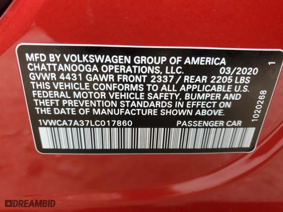 2020 Volkswagen Passat 2.0T SEL with VIN 1VWCA7A37LC017860, listed as a Copart auction lot 87374624 with 97,105 mi miles and Salvage Title. Bid and sale history available at carsss.com. Image 12.