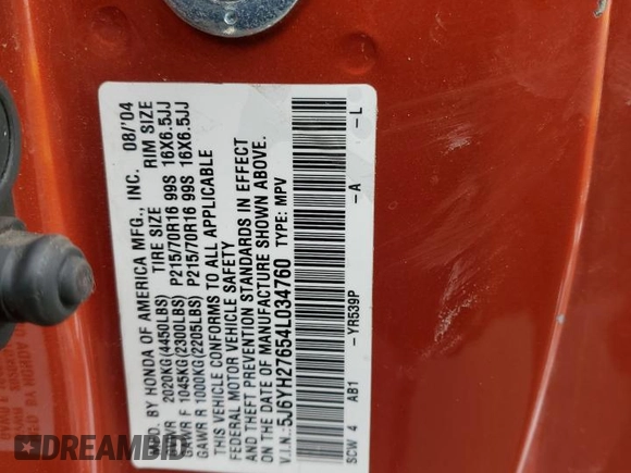 2004 Honda Element EX with VIN 5J6YH27654L034760, listed as a Copart auction lot 46329145 with 207,787 mi miles and Salvage Title. Bid and sale history available at DreamBid. Image 14.