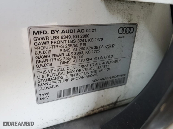 2021 Audi Q7 Premium with VIN WA1AXAF73MD037966, listed as a Copart auction lot 52823453 with 0 mi miles. Bid and sale history available at carsss.com. Image 15.