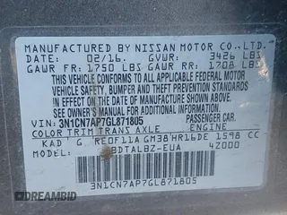 2016 Nissan Versa SV with VIN 3N1CN7AP7GL871805, listed as a IAAI auction lot 41562934 with 81,877 mi miles and . Bid and sale history available at DreamBid. Image 9.