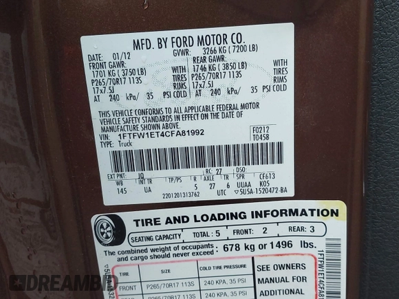 2012 Ford F-150 XL with VIN 1FTFW1ET4CFA81992, listed as a IAAI auction lot 42026460 with 246,539 mi miles and . Bid and sale history available at DreamBid. Image 9.