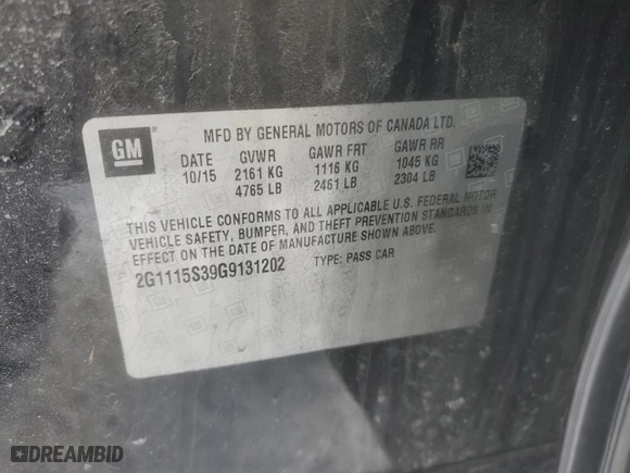 2016 Chevrolet Impala LT with VIN 2G1115S39G9131202, listed as a Copart auction lot 44153405 with 165,199 mi miles and Salvage Title. Bid and sale history available at carsss.com. Image 14.