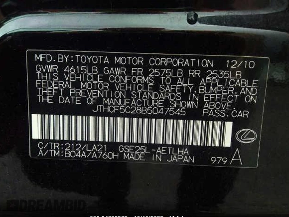 2011 Lexus IS 250 with VIN JTHCF5C28B5047545, listed as a IAAI auction lot 34698362 with 173,360 mi miles and . Bid and sale history available at DreamBid. Image 9.