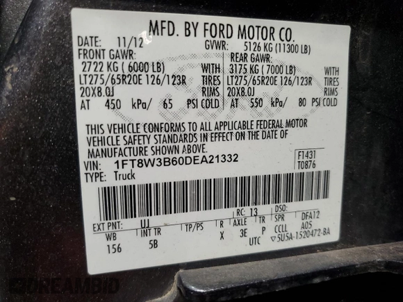 2013 Ford F-350 Platinum with VIN 1FT8W3B60DEA21332, listed as a Copart auction lot 79271294 with 129,384 mi miles and Salvage title. Bid and sale history available at DreamBid. Image 13.