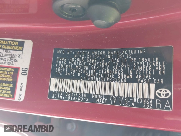 2015 Toyota Corolla L with VIN 5YFBURHE6FP332900, listed as a IAAI auction lot 42164721 with 158,758 mi miles and . Bid and sale history available at DreamBid. Image 9.