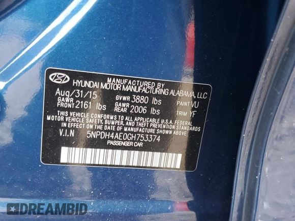 2016 Hyundai Elantra SE with VIN 5NPDH4AE0GH753374, listed as a Copart auction lot 61008175 with 128,187 mi miles and Salvage title. Bid and sale history available at DreamBid. Image 12.