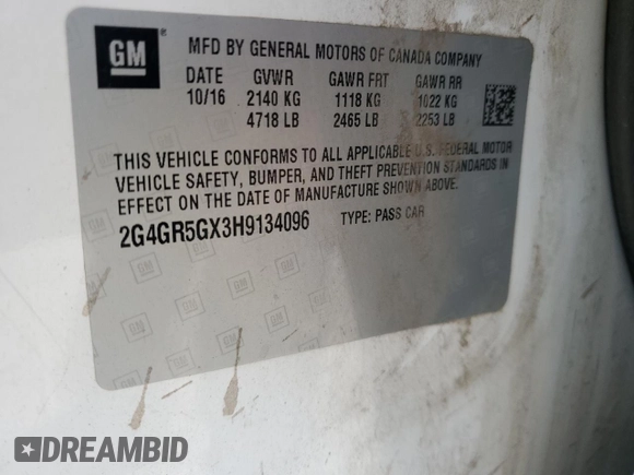 2017 Buick Regal Premium II with VIN 2G4GR5GX3H9134096, listed as a Copart auction lot 50752825 with 63,676 mi miles and Salvage title. Bid and sale history available at DreamBid. Image 13.