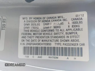 2012 Honda Civic Cpe Si with VIN 2HGFG4A58CH705850, listed as a IAAI auction lot 41782644 with 203,291 mi miles. Bid and sale history available at carsss.com. Image 9.