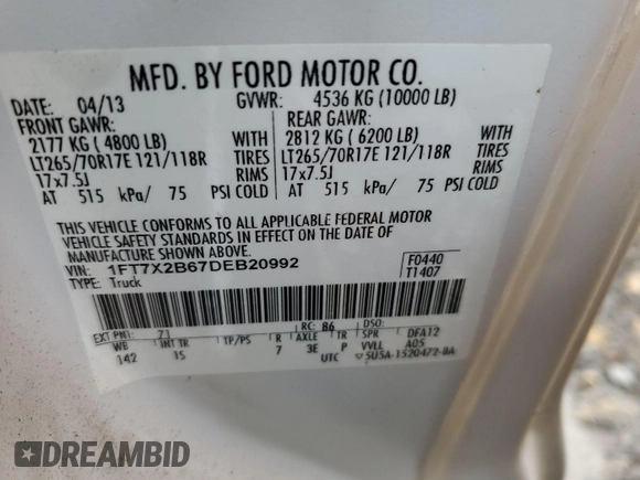 2013 Ford F-250 XL with VIN 1FT7X2B67DEB20992, listed as a IAAI auction lot 42484460 with 117,925 mi miles and . Bid and sale history available at DreamBid. Image 1.