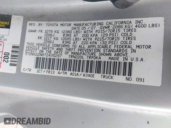 2007 Toyota Tacoma with VIN 5TENX22N87Z435297, listed as a IAAI auction lot 42312336 with 100,665 mi miles and . Bid and sale history available at DreamBid. Image 9.