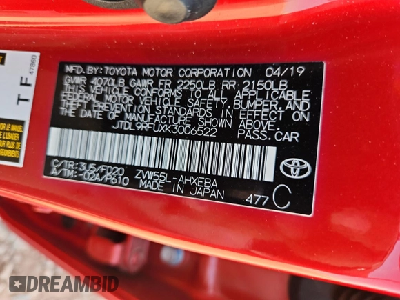 2019 Toyota Prius LE with VIN JTDL9RFUXK3006522, listed as a Copart auction lot 60734205 with 71,642 mi miles and Salvage title. Bid and sale history available at DreamBid. Image 12.