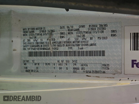 2010 Ford Econoline Cargo Commercial with VIN 1FTNE1EW4ADA91052, listed as a IAAI auction lot 42607935 with 163,519 mi miles and . Bid and sale history available at DreamBid. Image 35.