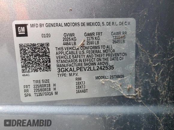 2020 GMC Terrain SLT with VIN 3GKALPEV2LL242535, listed as a Copart auction lot 43790985 with 48,053 mi miles and Clean Title. Bid and sale history available at DreamBid. Image 13.