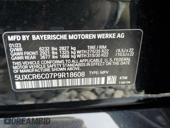 2023 BMW X5 xDrive40i with VIN 5UXCR6C07P9R18608, listed as a Copart auction lot 55911595 with Not provided miles and Salvage title. Bid and sale history available at DreamBid. Image 13.