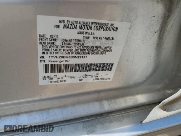 2011 Mazda 6 i Sport with VIN 1YVHZ8BH5B5M22131, listed as a Copart auction lot 62759365 with 132,518 mi miles and Clean title. Bid and sale history available at DreamBid. Image 12.
