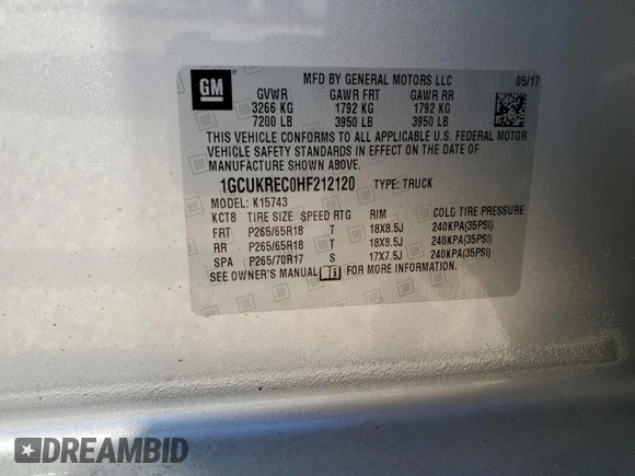 2017 Chevrolet Silverado 1500 LT with VIN 1GCUKREC0HF212120, listed as a Copart auction lot 83384734 with 119,078 mi miles and Salvage Title. Bid and sale history available at DreamBid. Image 15.
