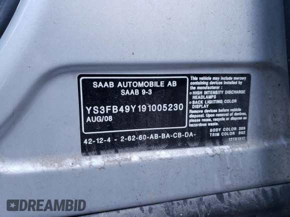 2009 Saab 9-3 Comfort z VIN YS3FB49Y191005230, wystawiony jako Copart lot #73645724 z przebiegiem 188 139 mil mil oraz Szkoda całkowita • Salvage title. Historia ofert i sprzedaży dostępna na DreamBid. Obrazek 12.