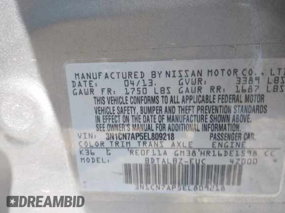 2014 Nissan Versa SV with VIN 3N1CN7AP5EL809218, listed as a IAAI auction lot 42096891 with 87,559 mi miles. Bid and sale history available at carsss.com. Image 9.