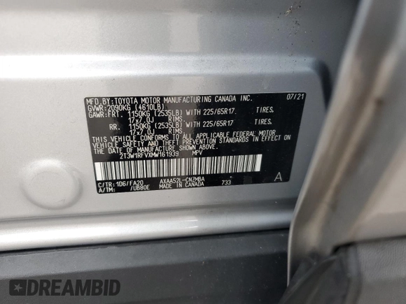 2021 Toyota RAV4 XLE with VIN 2T3W1RFVXMW161939, listed as a Copart auction lot 62233415 with 34,291 mi miles and Salvage title. Bid and sale history available at DreamBid. Image 13.