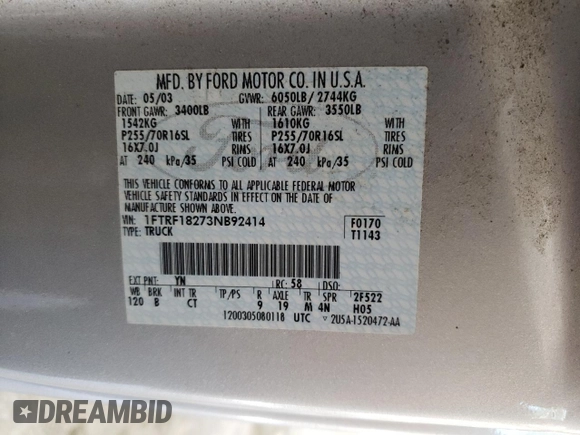 2003 Ford F-150 XL with VIN 1FTRF18273NB92414, listed as a Copart auction lot 71539794 with Not provided miles and Salvage title. Bid and sale history available at DreamBid. Image 12.