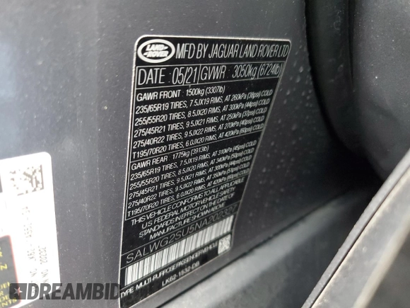 2022 Land Rover Range Rover Sport SE with VIN SALWG2SU5NA202327, listed as a Copart auction lot 55836345 with 64,649 mi miles and Salvage title. Bid and sale history available at DreamBid. Image 13.
