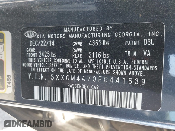2015 Kia Optima LX with VIN 5XXGM4A70FG441639, listed as a IAAI auction lot 42618515 with 162,021 mi miles and . Bid and sale history available at DreamBid. Image 9.