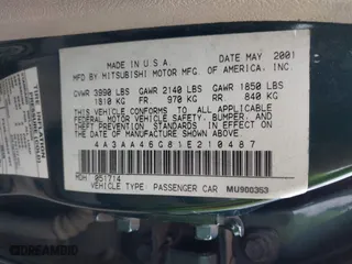 2001 Mitsubishi Galant ES with VIN 4A3AA46G81E210487, listed as a IAAI auction lot 42120831 with 1 mi miles. Bid and sale history available at carsss.com. Image 9.
