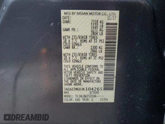 2018 Nissan Murano S with VIN 5N1AZ2MGXJN104265, listed as a Copart auction lot 87936365 with 100,379 mi miles and Salvage Title. Bid and sale history available at DreamBid. Image 13.